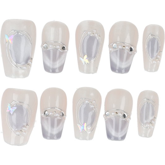 Handmade Press on nails Crystal Elegance Gray Short