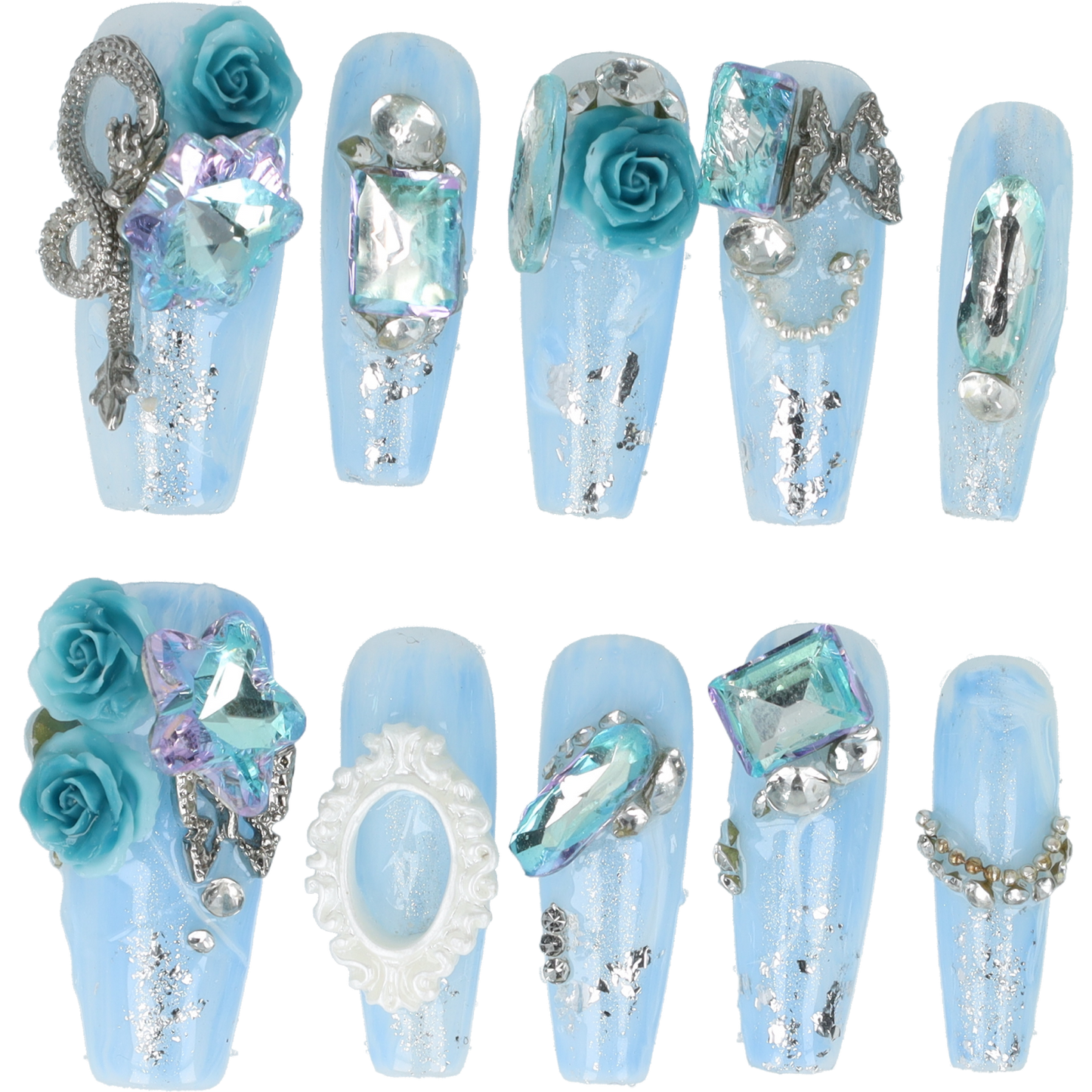 Handmade Press on nails Blue Rose Crystal Long