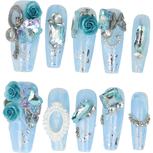 Handmade Press on nails Blue Rose Crystal Long