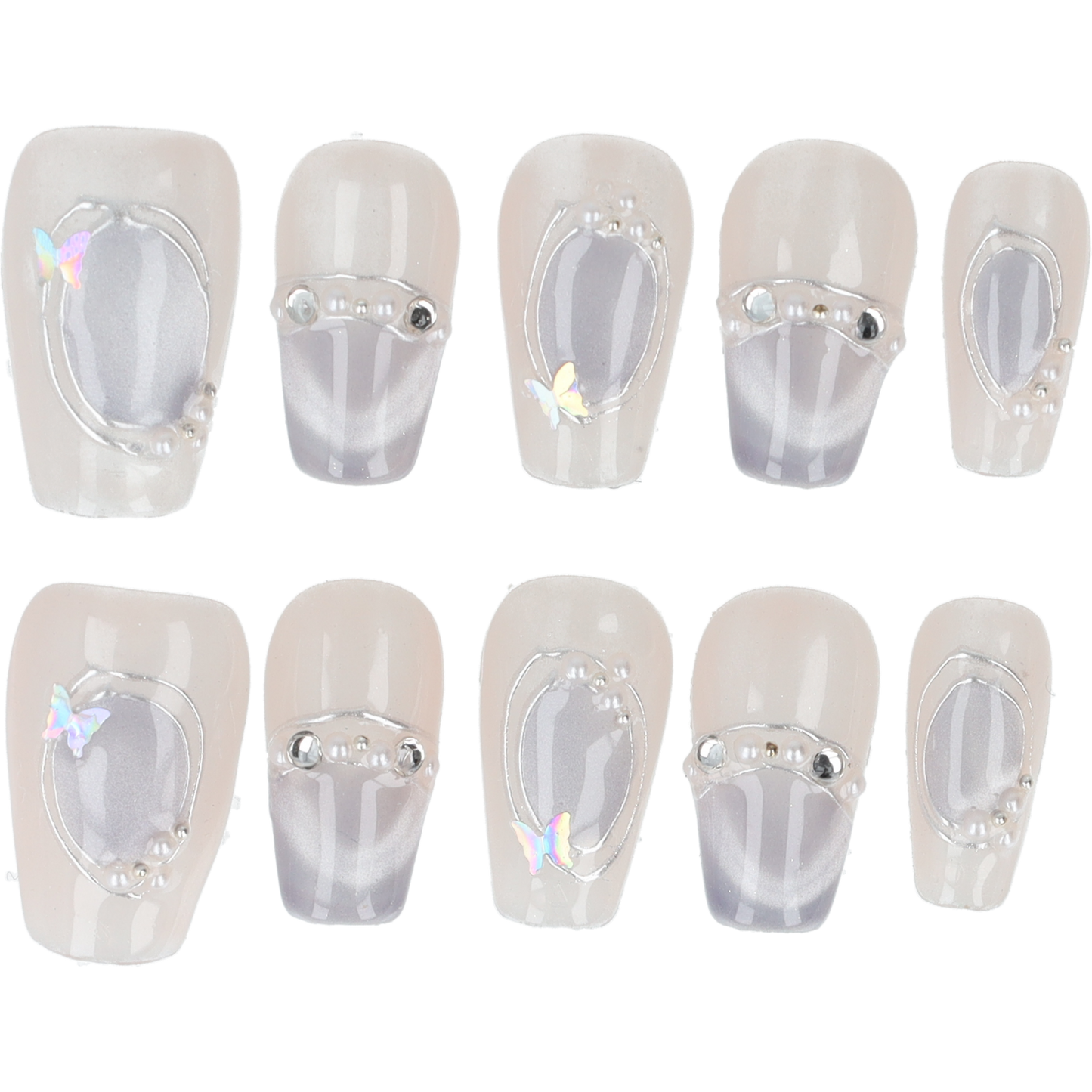 Handmade Press on nails Crystal Elegance Gray Short