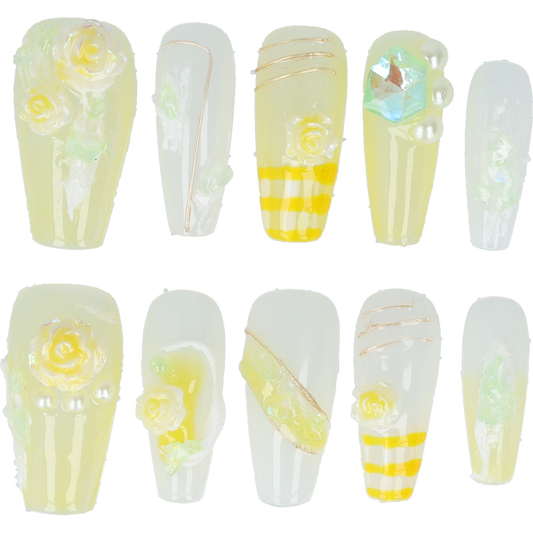 Handmade Press on nails Yellow Blossom Chic Medium maat s